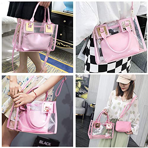 Women Transparent Shoulder Crossbody Bag, 2 in 1 Designer Fashion Handbag Tote Purse Waterproof Summer Beach Bag Satchel, Pink