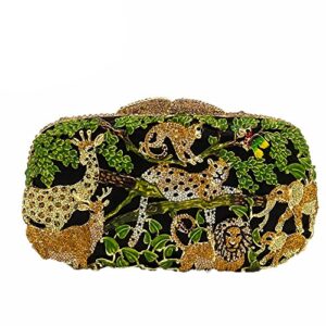 Forest Animal Pattern Style Crystal Clutch Purses for Women Formal Evening Bags (Green) Medium