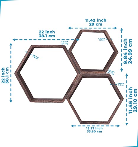 Rustic Wall Mounted Hexagonal Floating Shelves – Set of 3 – Large, Medium and Small – Screws and Anchors Included - Farmhouse Shelves for Bedroom, Living Room and More – Honeycomb Wall Décor - Torched