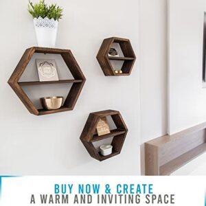 Rustic Wall Mounted Hexagonal Floating Shelves – Set of 3 – Large, Medium and Small – Screws and Anchors Included - Farmhouse Shelves for Bedroom, Living Room and More – Honeycomb Wall Décor - Torched