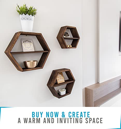 Rustic Wall Mounted Hexagonal Floating Shelves – Set of 3 – Large, Medium and Small – Screws and Anchors Included - Farmhouse Shelves for Bedroom, Living Room and More – Honeycomb Wall Décor - Torched