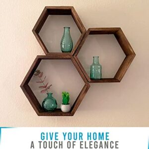 Rustic Wall Mounted Hexagonal Floating Shelves – Set of 3 – Large, Medium and Small – Screws and Anchors Included - Farmhouse Shelves for Bedroom, Living Room and More – Honeycomb Wall Décor - Torched