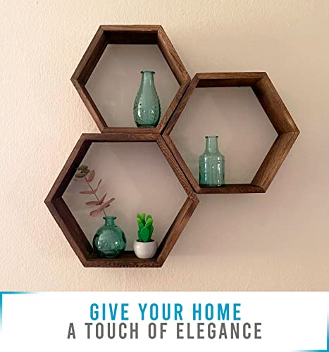 Rustic Wall Mounted Hexagonal Floating Shelves – Set of 3 – Large, Medium and Small – Screws and Anchors Included - Farmhouse Shelves for Bedroom, Living Room and More – Honeycomb Wall Décor - Torched