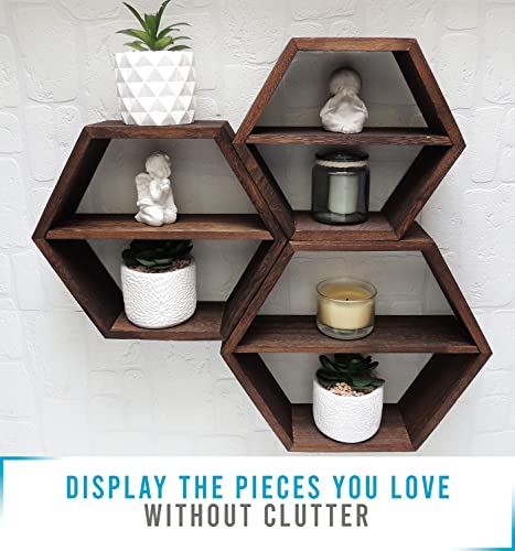 Rustic Wall Mounted Hexagonal Floating Shelves – Set of 3 – Large, Medium and Small – Screws and Anchors Included - Farmhouse Shelves for Bedroom, Living Room and More – Honeycomb Wall Décor - Torched