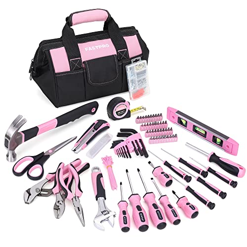 FASTPRO Pink Tool Set, 220-Piece Lady's Home Repairing Tool Kit with 12-Inch Wide Mouth Open Storage Tool Bag