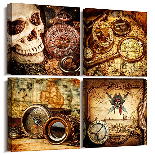 Pirate ship compass Restoring ancient ways Wall Art for living room Canvas Prints Artwork bathroom Wall Decor Watercolor painting 4 Piece Framed bedroom wall decorations Office Home Decoration