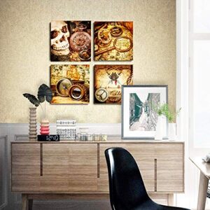 Pirate ship compass Restoring ancient ways Wall Art for living room Canvas Prints Artwork bathroom Wall Decor Watercolor painting 4 Piece Framed bedroom wall decorations Office Home Decoration