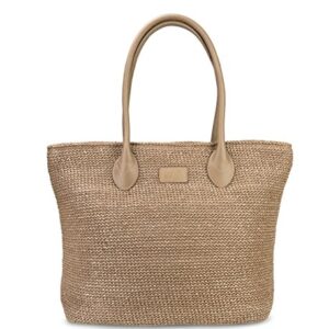 HOXIS Weekender Lightweight Synthetic Straw Shopper Tote Womens Shoulder Handbag (Tan)