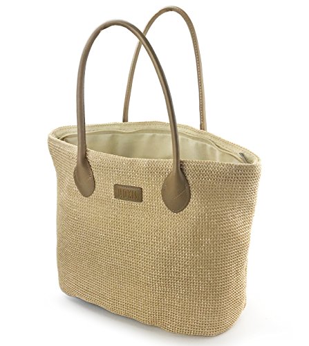 HOXIS Weekender Lightweight Synthetic Straw Shopper Tote Womens Shoulder Handbag (Tan)