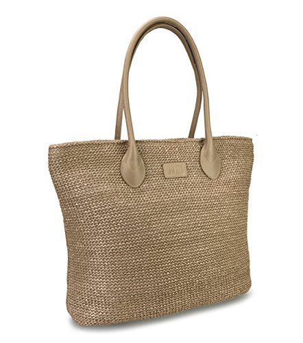 HOXIS Weekender Lightweight Synthetic Straw Shopper Tote Womens Shoulder Handbag (Tan)