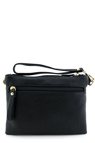 FashionPuzzle Multi Zipper Pocket Small Wristlet Crossbody Bag (Black)