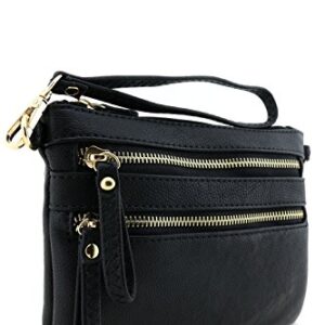 FashionPuzzle Multi Zipper Pocket Small Wristlet Crossbody Bag (Black)