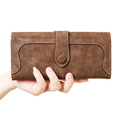 Cynure Women's Vegan Leather 17 Card Slots Card Holder Long Big Bifold Wallet,Coffee