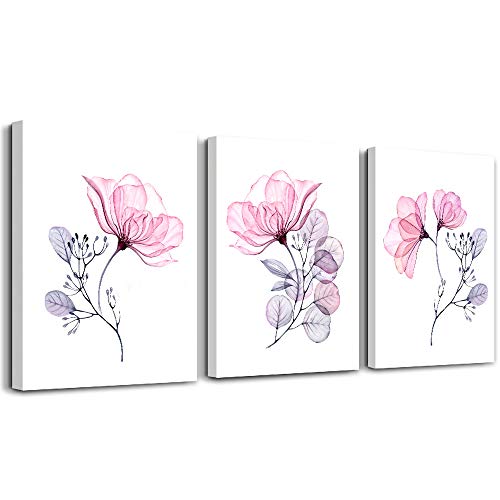 3 Piece Modern pink red Flowers Canvas Wall Art for Bedroom Living Room decor,Bathroom Wall Decor,3 Panels framed Wall Watercolor Painting Kitchen Home Decoration Canvas Print Artwork Wall Mural