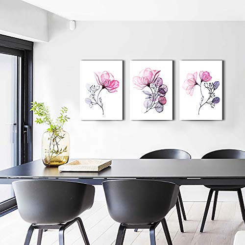 3 Piece Modern pink red Flowers Canvas Wall Art for Bedroom Living Room decor,Bathroom Wall Decor,3 Panels framed Wall Watercolor Painting Kitchen Home Decoration Canvas Print Artwork Wall Mural