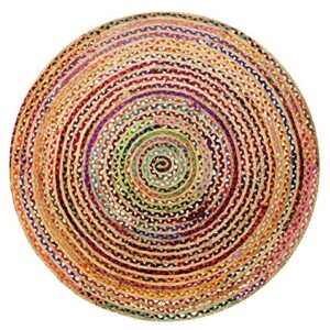 COTTON CRAFT Jute Chindi Braid Rag Rug - Boho Farmhouse Rustic Area Accent Throw Rug - Handwoven Reversible Natural Recycled Cotton - Living Room Den Study Home Décor Gift - 4 Feet Round - Multi Color