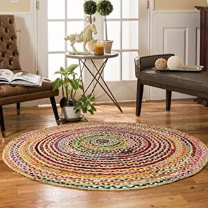 COTTON CRAFT Jute Chindi Braid Rag Rug - Boho Farmhouse Rustic Area Accent Throw Rug - Handwoven Reversible Natural Recycled Cotton - Living Room Den Study Home Décor Gift - 4 Feet Round - Multi Color