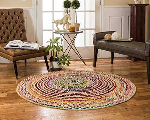 COTTON CRAFT Jute Chindi Braid Rag Rug - Boho Farmhouse Rustic Area Accent Throw Rug - Handwoven Reversible Natural Recycled Cotton - Living Room Den Study Home Décor Gift - 4 Feet Round - Multi Color