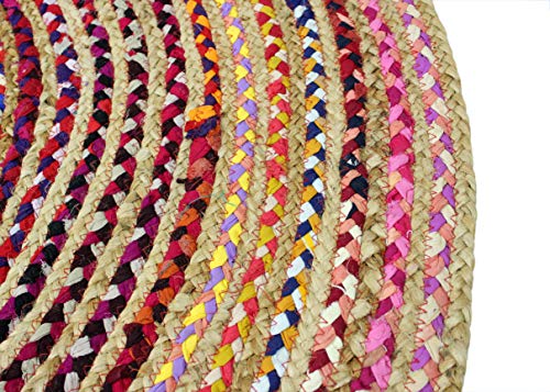 COTTON CRAFT Jute Chindi Braid Rag Rug - Boho Farmhouse Rustic Area Accent Throw Rug - Handwoven Reversible Natural Recycled Cotton - Living Room Den Study Home Décor Gift - 4 Feet Round - Multi Color