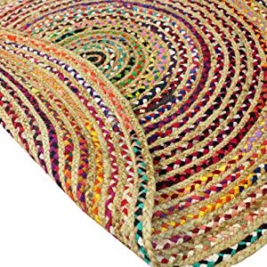 COTTON CRAFT Jute Chindi Braid Rag Rug - Boho Farmhouse Rustic Area Accent Throw Rug - Handwoven Reversible Natural Recycled Cotton - Living Room Den Study Home Décor Gift - 4 Feet Round - Multi Color