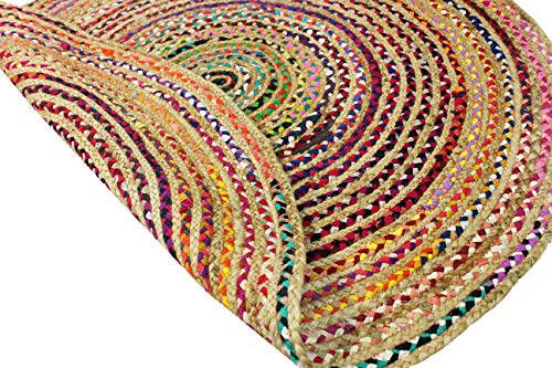 COTTON CRAFT Jute Chindi Braid Rag Rug - Boho Farmhouse Rustic Area Accent Throw Rug - Handwoven Reversible Natural Recycled Cotton - Living Room Den Study Home Décor Gift - 4 Feet Round - Multi Color