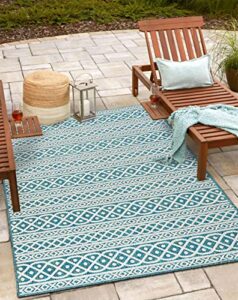 rugbuggery indoor outdoor anti-fade moroccan boho panel area rug 8’x10′ ocean blue (bohemian, southwestern, transitional, pet friendly, non shedding, stain resistant)