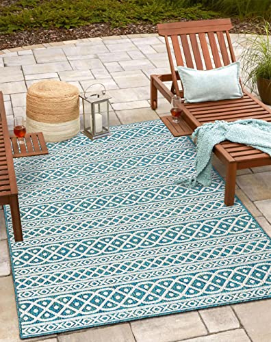 RUGBUGGERY Indoor Outdoor Anti-Fade Moroccan Boho Panel Area Rug 8'x10' Ocean Blue (Bohemian, Southwestern, Transitional, Pet Friendly, Non Shedding, Stain Resistant)