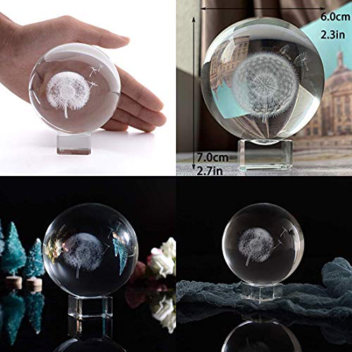 HDCRYSTALGIFTS Crystal 2.4 inch (60mm) Carving Dandelion Crystal Ball with Free Glass Stand,Fengshui Glass Ball Home Decoration