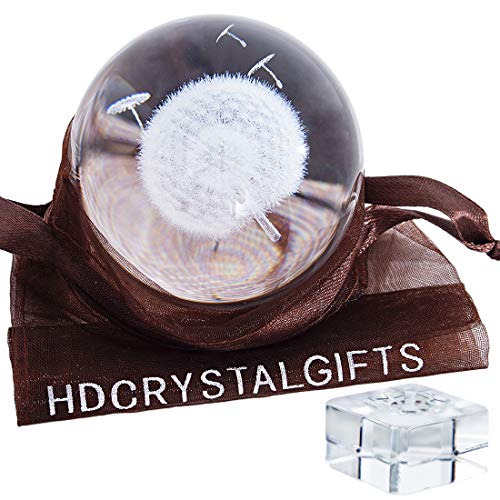 HDCRYSTALGIFTS Crystal 2.4 inch (60mm) Carving Dandelion Crystal Ball with Free Glass Stand,Fengshui Glass Ball Home Decoration