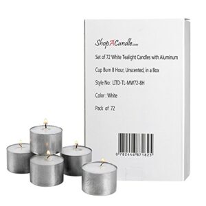 white tea light candles in metal cups – pack of 72 unscented tealights – 8 hour burn time – smokeless, dripless, long lasting bulk set.