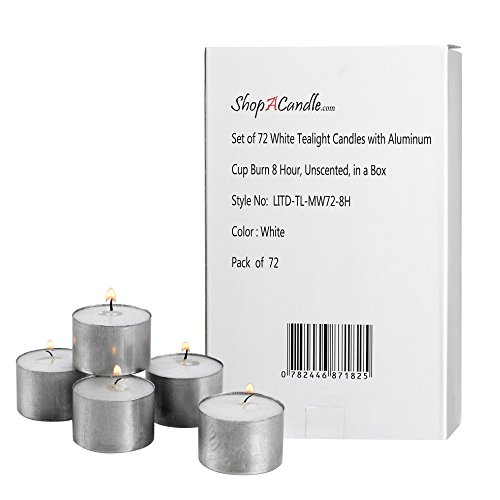 White Tea Light Candles in Metal Cups - Pack of 72 Unscented Tealights – 8 Hour Burn Time – Smokeless, Dripless, Long Lasting Bulk Set.