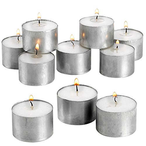 White Tea Light Candles in Metal Cups - Pack of 72 Unscented Tealights – 8 Hour Burn Time – Smokeless, Dripless, Long Lasting Bulk Set.