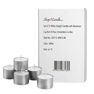 White Tea Light Candles in Metal Cups - Pack of 72 Unscented Tealights – 8 Hour Burn Time – Smokeless, Dripless, Long Lasting Bulk Set.