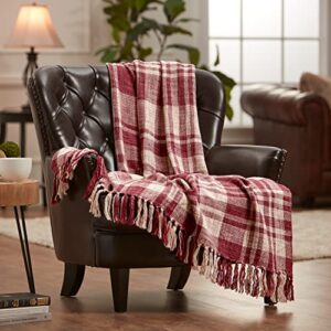chanasya farmhouse pattern plaid throw blanket lightweight knit textured woven decorative blanket for couch bed living room blanket with tassels fringed throw blanket (50×65 inches) maroon purple