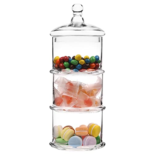 MyGift Modern 3 Tier Clear Glass Stacking Apothecary Jars with Lid, Round Glass Display Candy and Cookie Containers, 16 inch Tall