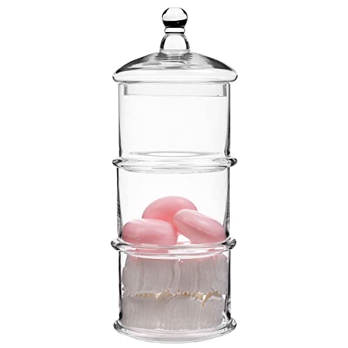 MyGift Modern 3 Tier Clear Glass Stacking Apothecary Jars with Lid, Round Glass Display Candy and Cookie Containers, 16 inch Tall