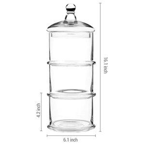 MyGift Modern 3 Tier Clear Glass Stacking Apothecary Jars with Lid, Round Glass Display Candy and Cookie Containers, 16 inch Tall