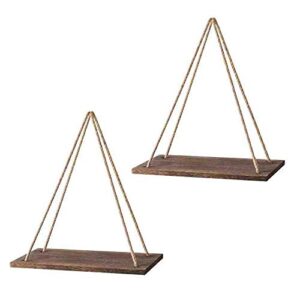 gsm brands hanging shelf- floating swing storage shelves rope decorative organizer rack, set of 2, rustic brown color