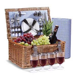 flexzion picnic basket for 4 person, rectangular wicker picnic basket set, insulated picnic case with waterproof lining and blanket, napkins, cutlery set, wine glasses, bottle opener and plates