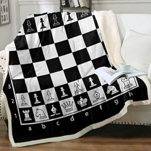 sleepwish chess board sherpa fleece throw blanket grid checkered pattern super warm lightweight bed couch blankets, black and white, throw(50″x60″)