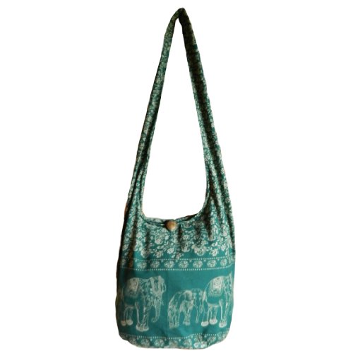 BTP! Elephant Floral Print Sling Crossbody Shoulder Bag Purse Hippie Hobo Thai Cotton Gypsy Bohemian Large (Forest Green EEL6)