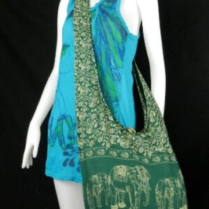 BTP! Elephant Floral Print Sling Crossbody Shoulder Bag Purse Hippie Hobo Thai Cotton Gypsy Bohemian Large (Forest Green EEL6)