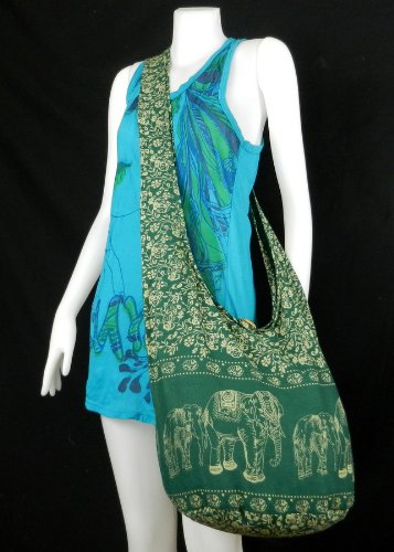 BTP! Elephant Floral Print Sling Crossbody Shoulder Bag Purse Hippie Hobo Thai Cotton Gypsy Bohemian Large (Forest Green EEL6)