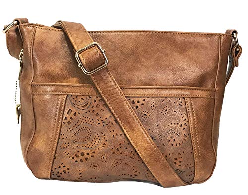 Zzfab Laser Cut Locking Small Concealed Carry Purse CCW Crossbody Bag with Credit Card Slots Brown