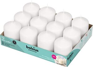 bolsius set of 12 white pillar candles -2.25-x3 inch unscented candle set – dripless clean burning smokeless dinner candle – perfect for wedding candles, parties and special occasions