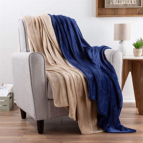 Lavish Home Fleece Throw Blanket-Set of 2-Navy Blue & Sand Plush 60”x50” Blankets- Soft & Cozy for Travel, Outdoor Events & Lounging on The Sofa or a Chair by LHC