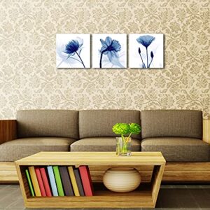 Wieco Art Blue Abstract Flowers 3 Panels Giclee Canvas Prints Wall Art Modern Pictures Artwork for Living Room Bedroom and Home Decorations