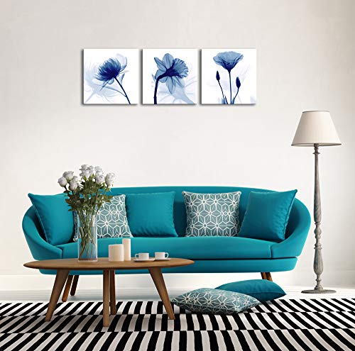 Wieco Art Blue Abstract Flowers 3 Panels Giclee Canvas Prints Wall Art Modern Pictures Artwork for Living Room Bedroom and Home Decorations