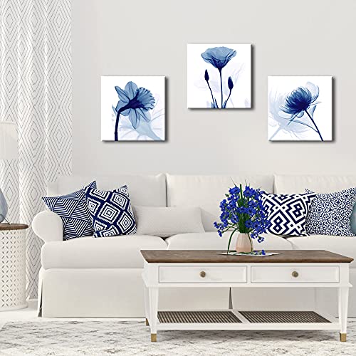 Wieco Art Blue Abstract Flowers 3 Panels Giclee Canvas Prints Wall Art Modern Pictures Artwork for Living Room Bedroom and Home Decorations