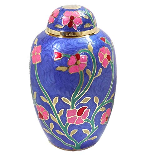 Ansons Urns Cremation Urn - Flower Funeral Urn for Human Ashes - Burial urn with Lacquer Finish - 100% Brass - Flora Blue